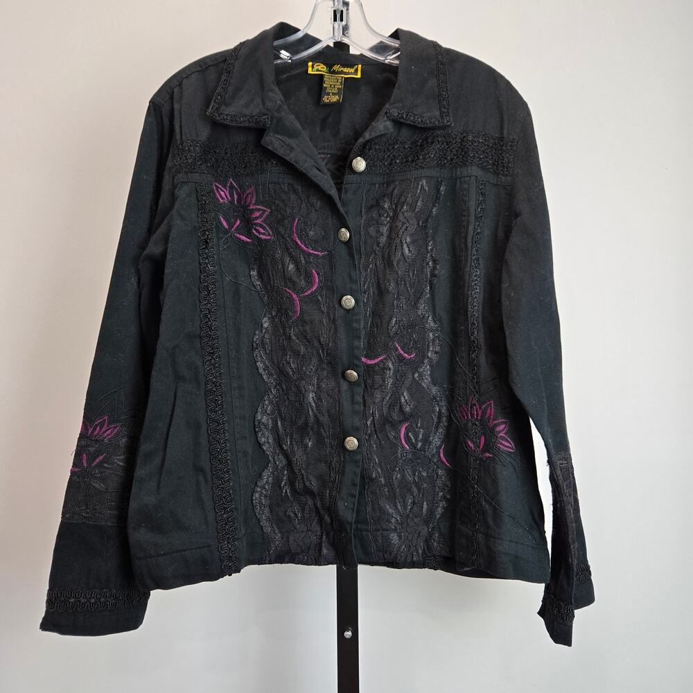 Vintage Mirasol Western Shirt Jacket Button Up Floral Embroidered Boho Black